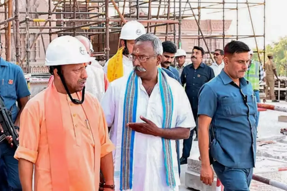UP CM Yogi Adityanath examines the construction of the Ram temple at Ayodhya