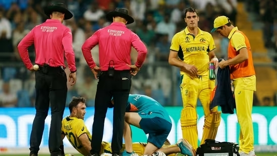 Glenn Maxwell of Australia gets medical attention following an accident. 


