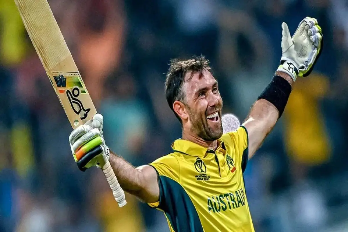 At the Wankhede Stadium, Australia's Glenn Maxwell celebrates his double century and his team's victory in the ICC Men's Cricket World Cup 2023 match against Afghanistan.
