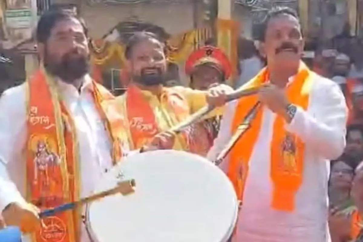Maharashtra CM Eknath Shinde Plays ‘Dhol’ To Celebrate Ram Lalla Idol Consecration
