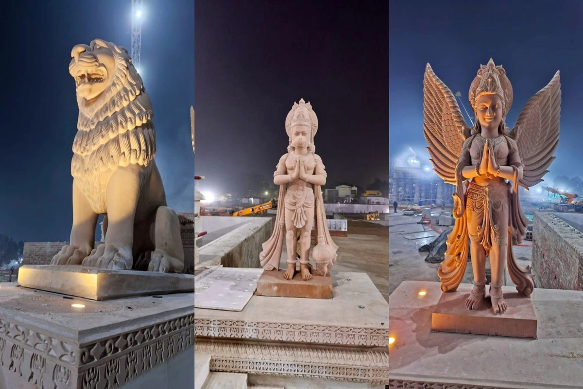 Sculptures Adorning Grandeur: Elephant, Lion, Hanuman Ji & Garuda Statues Grace Entrance of Shri Ram Janmbhoomi Mandir, Check Features of Grand Temple