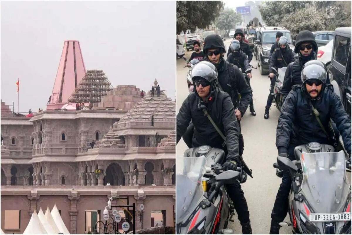 Construction work is underway at the Shri Ram Janmabhoomi temple, and commandos are patrolling bikes and vehicles