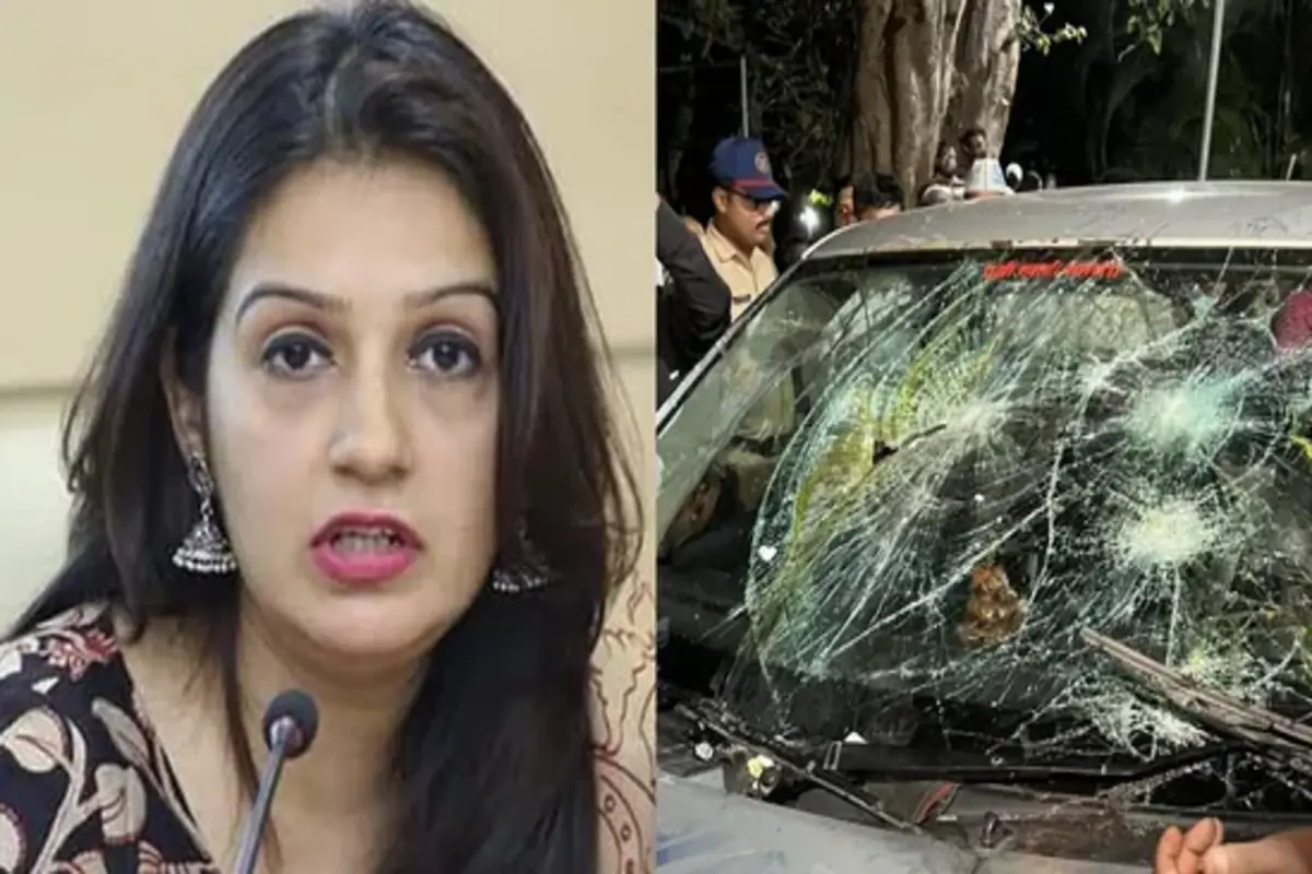 Shiv Sena (UBT) MP Priyanka Chaturvedi and the vandalised car of journalist Nikhil Wagle in Pune.