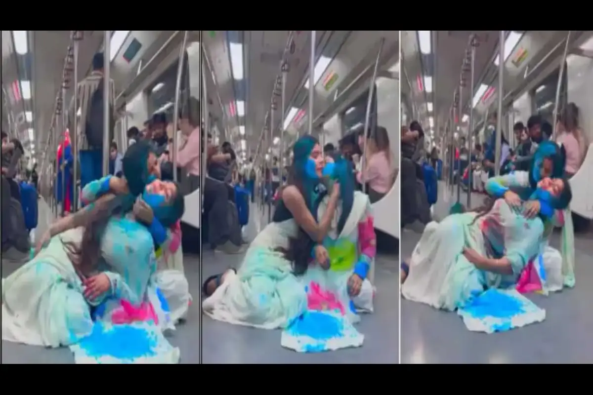 WATCH: Two Woman Seductively Play Holi In Delhi Metro, Netizens Say, ‘This Is Dangerous For Civilized Society’
