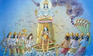 Lord Dhanvantari emerging from the cosmic ocean with  a pot of nectar and a medicinal herb, surrounded by swirling cosmic waves, symbolizing his emergence from the churning of the ocean