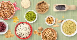 legumes and nuts as the healthy option on one side vs sugar heavy protein products