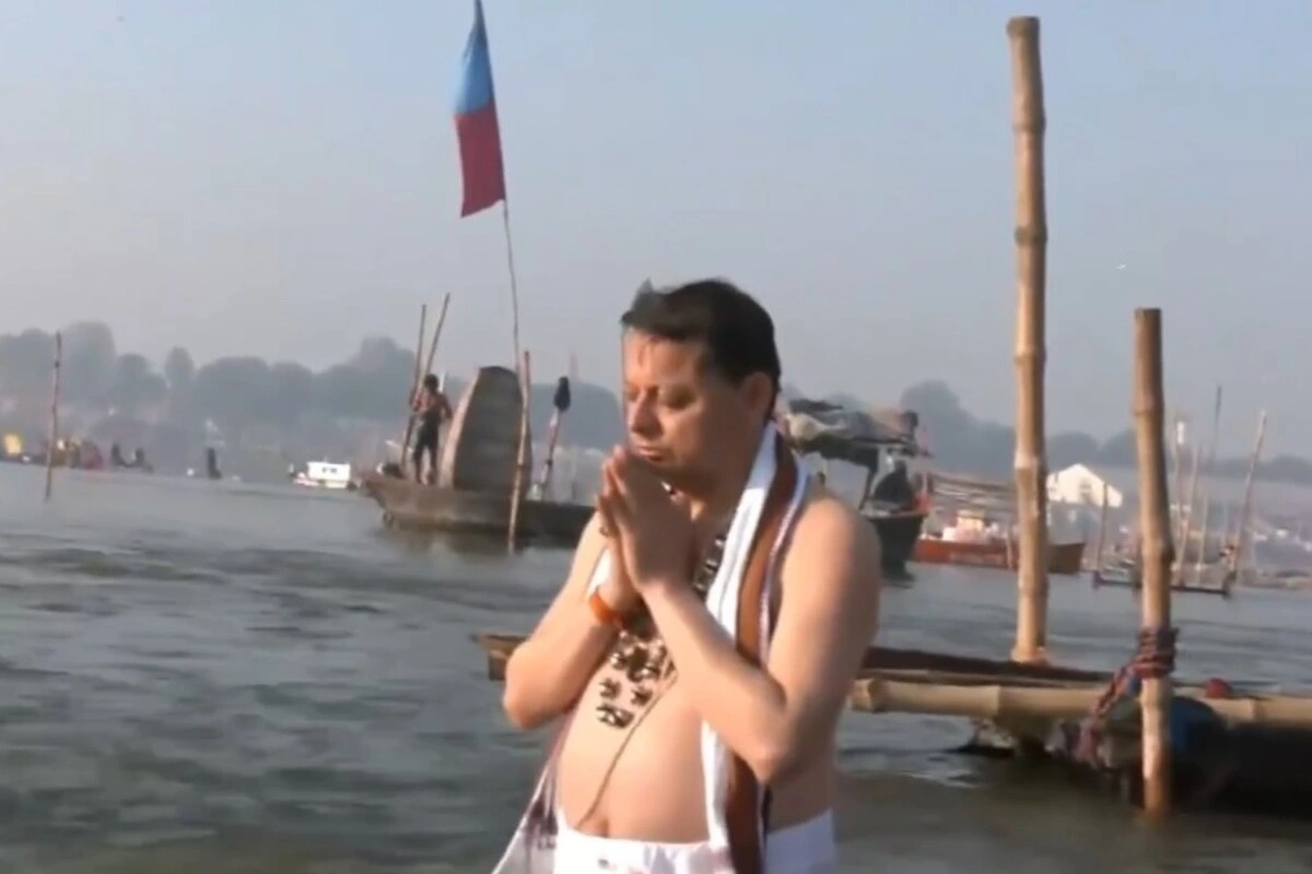 Uttarakhand CM Pushkar Singh Dhami Takes Holy Dip At Triveni Sangam During Maha Kumbh In Prayagraj