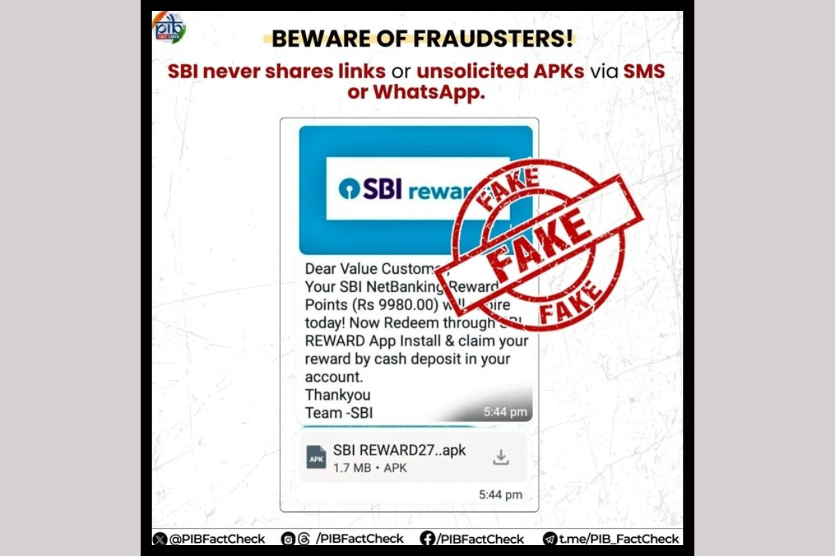 PIB Warns SBI Customers About Fake Reward Point Scam Messages Containing Malicious APK Files