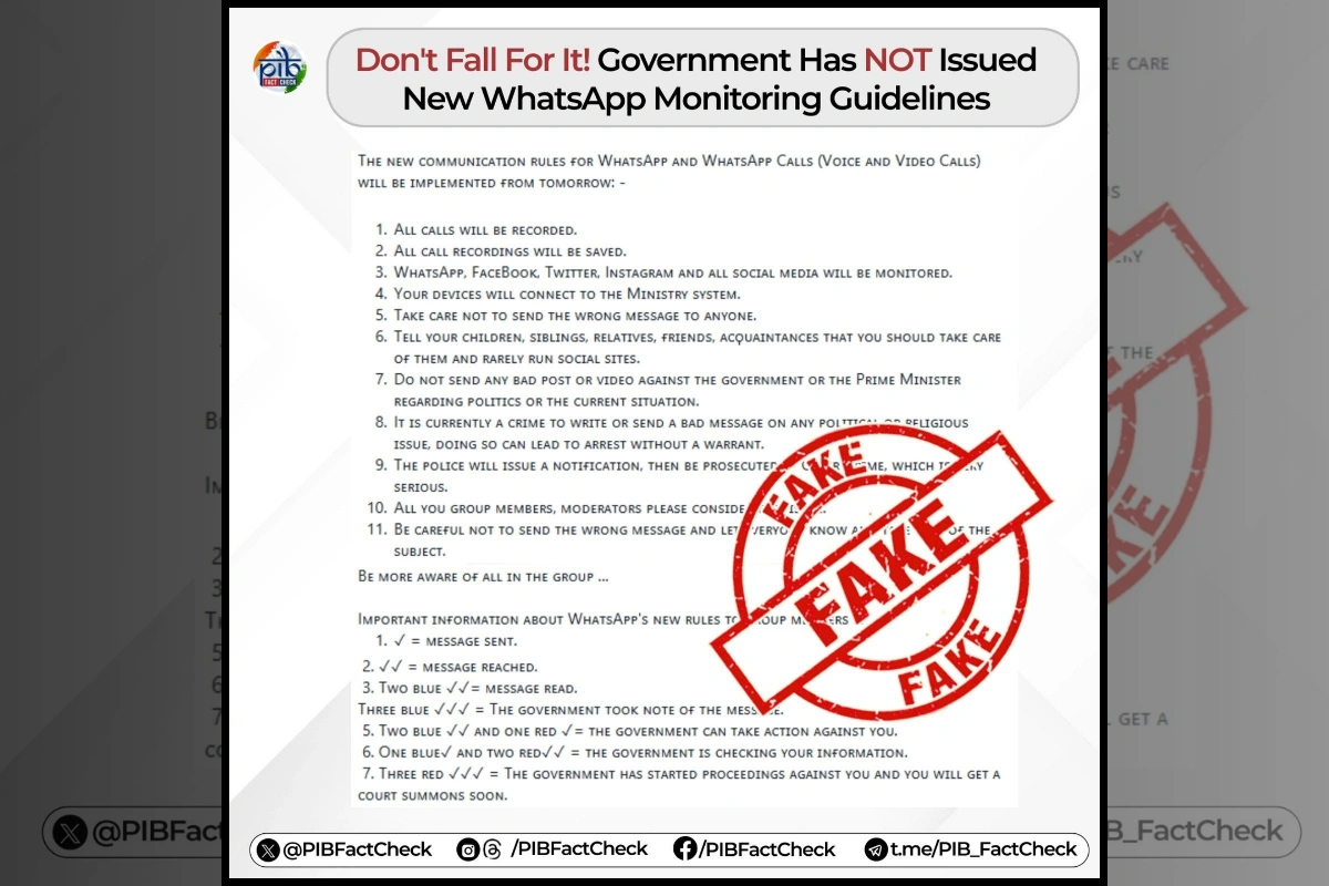 PIB Issues Fact Check On Viral Claim About New WhatsApp Monitoring Guidelines