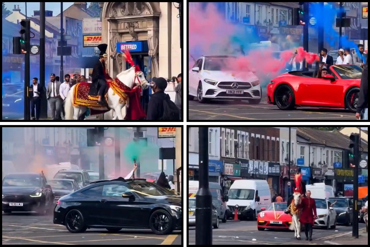 Groom On Horseback Leads Wedding Procession Of Luxury Cars Through Busy London Intersection